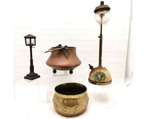 A Brass Jardiniere with stud decoration, 14.5 cm high, 22.5 cm diameter, a copper and brass bowl on feet, t/w cast iron minia