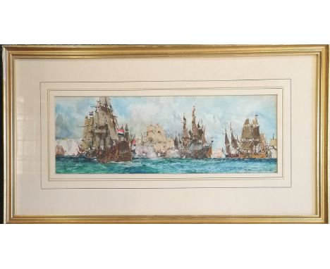 Framed watercolour painting of First Anglo-Dutch War : Battle of Dover (19-5-1652) by Charles Edward Dixon (1872–1934) - fram