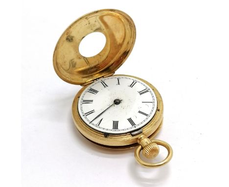 Antique 18ct gold half hunter fob watch - 35mm case &amp; has gold inner dust plate ~ total weight 46g - losses to chapter ri