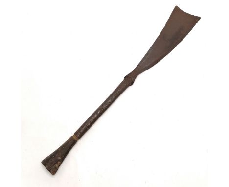 Antique tribal steel &amp; palmwood handled weapon / tool / ceremonial axe with repeat pattern decoration to handle - 67cm lo