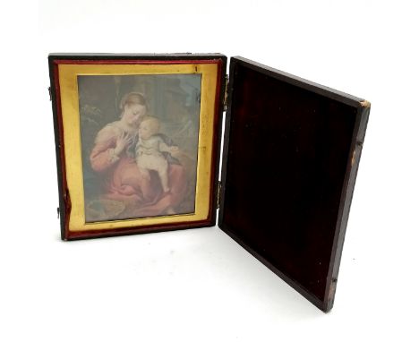 Antique hand painted portrait miniature of a mother &amp; child in original leather covered box frame - box size 13.5cm x 15.