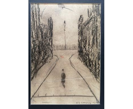 Mounted pencil sketch on paper bearing the signature of L S Lowry of a woman walking down a street (annotations on reverse) s