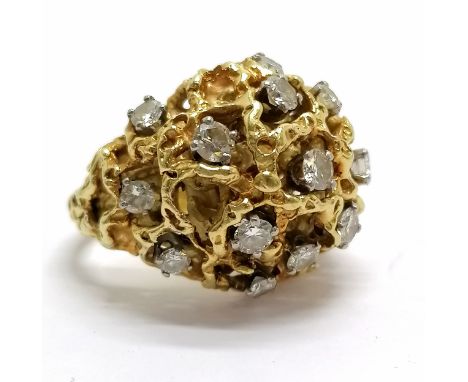 18ct marked gold Brutalist style ring set with 16 diamonds by Franks - size K½ &amp; 18.7g total weight ~ appears to have 1 s