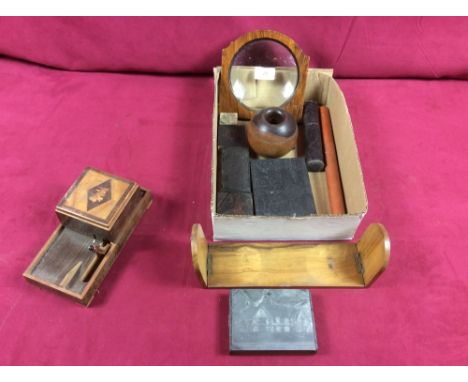 A box containing copper and other printing blocks; a folding book rack; magic lantern lens; inlaid cigarette dispenser etc.