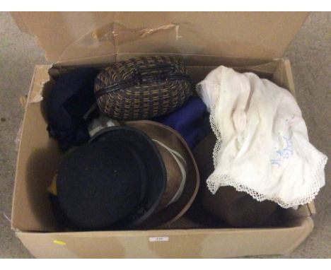 A bowler hat; various other vintage hats etc.; and a wicker evening bag