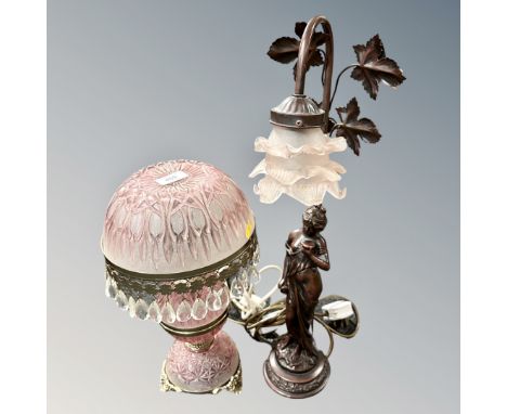 A gilt metal and glass French table lamp with glass drops, further figural table lamp 