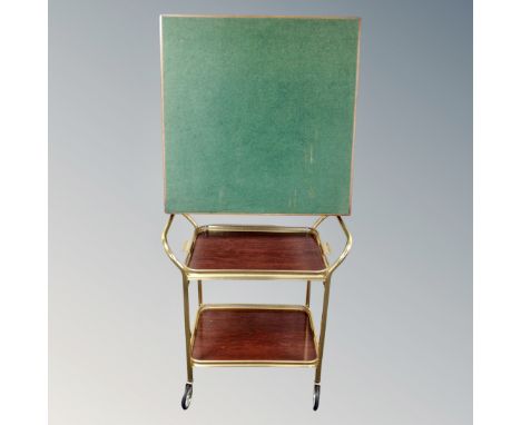 A gilt metal two tier serving trolley with lift off tray, and a baise topped card table 