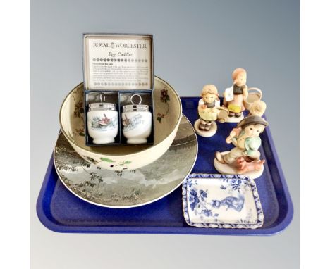 A pair of boxed Royal Worcester egg coddlers, four Goebel figures, Royal Doulton Kew fruit bowl etc 