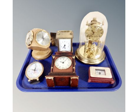 A tray of contemporary anniversary clock under dome, barometer / thermometer, clocks. *Provenence : Property of the Earl of D