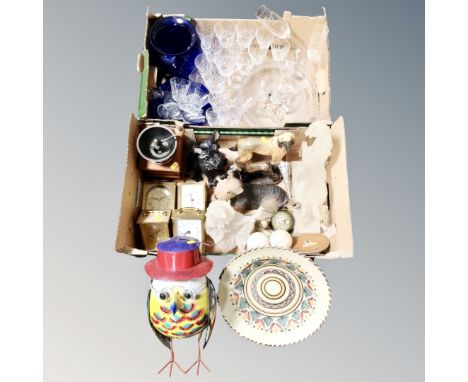 Two boxes of assorted glass ware, animal figures, contemporary mantel clocks, large Chinese vase (as found), coffee grinder, 