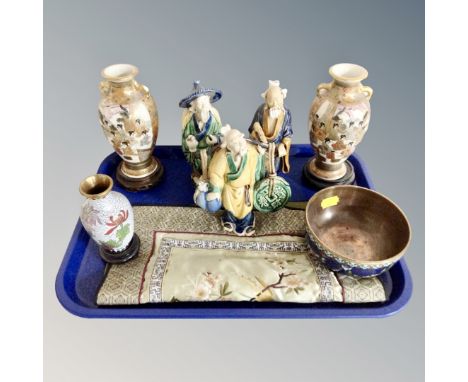 A pair of Japanese Satsuma earthenware vases on stand, cloisonne vase, three Chinese elder figures, cloisonne bowl and silk p