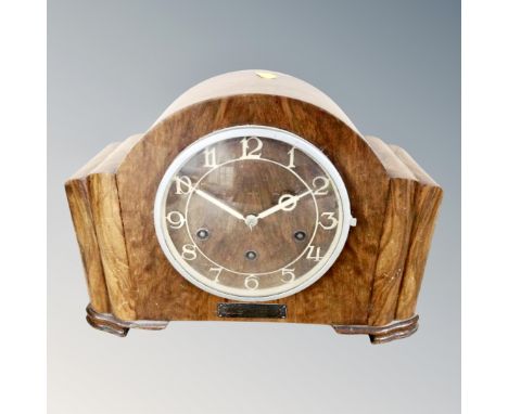 An Art Deco eight day walnut mantel clock 