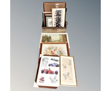 An antique tin canvas covered trunk containing a quantity of pictures 