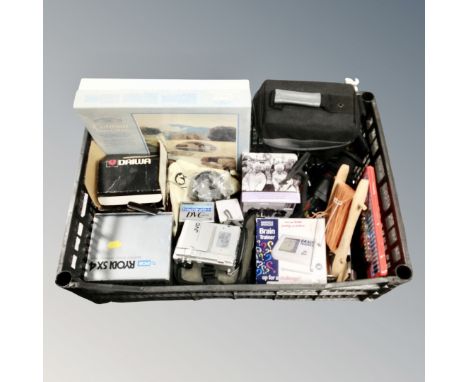 A box of JVC digital video camera, fishing reels, art set, etc 