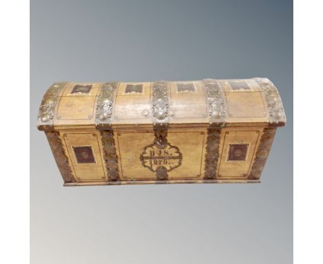 A 19th century Scandinavian oak metal bound shipping trunk dated 1870