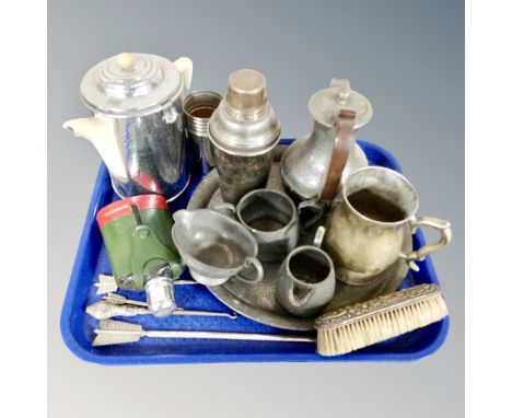 A tray of pewter tea service on tray, silver plated cocktail shaker, hipflask, silver backed hair brush and button hook etc. 