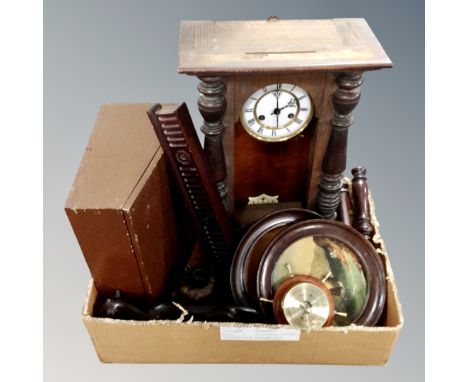 A box of antique wall clock, writing slope, ship's barometer, ceramics etc 