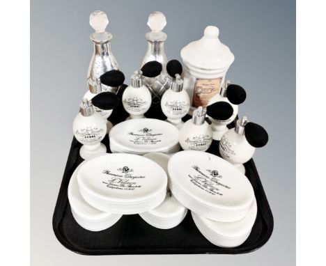 A group of mid century French atomisers and ceramic dishes bearing the name L Vilain, Pharmacie Drogueue, further hair tonic 