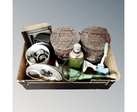 A box of kitchenalia : mincer, two storage tins, flask, biscuit cutters etc and a box of French pottery jugs and ramekins etc