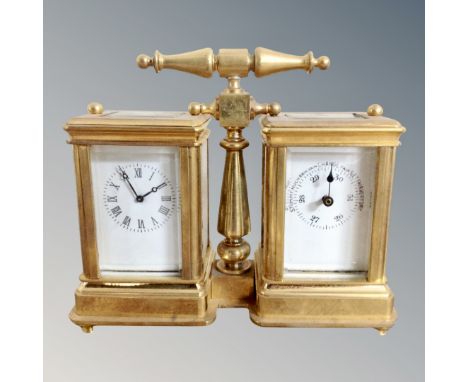 A brass cased combination mantel timepiece / barometer, together with an enamelled pocket watch with single fusee movement. *