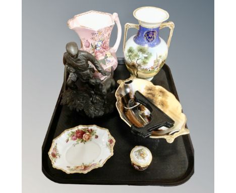 A Maling jug, Noritake vase and dish, trinket box, figure of a Huntsman with dog etc 