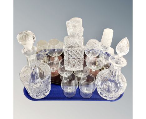 A crystal decanter and set of rummers on twin handled tray together with further decanters and glass 