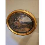 Watercolour, landscape with figure in the foreground collecting water in ovoid gilt coloured frame