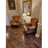 A near pair of Tetrad Blake hand antiqued tan leather club barrel back armchairs 83 x 60 x 100cm