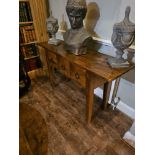 Mid century style hall table with three storage drawers stained in dark oak finish 125 x 40 x 76cm