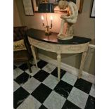 Carved demilune console table in the Louis XVI style wood with floral motifs, black top finish