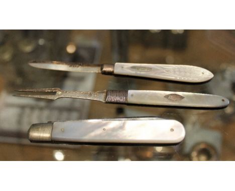 Silver penknife and one other with mother of pearl handles and Georgian silver pen fork with pearl handle