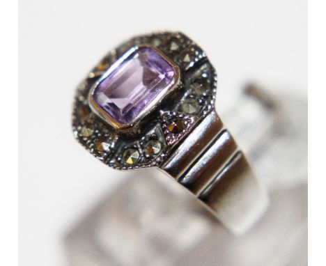 Silver amethyst marcasite ring, size P