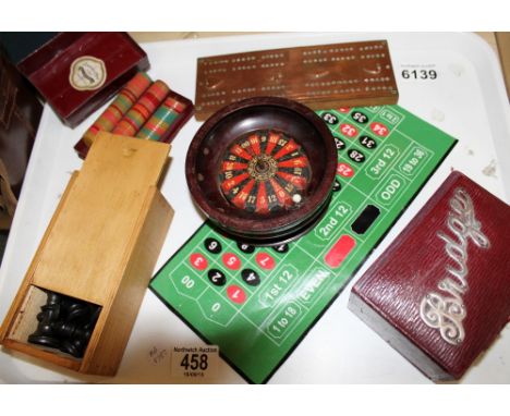 Tray of vintage items including leather bridge box with silver bridge to top, Chester 1906, copper topped cribbage board etc