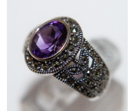 Silver amethyst marcasite ring, size P/Q