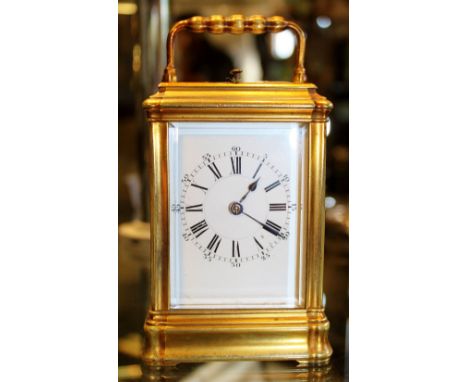 French movement repeater carriage clock with enamel dial, Roman numeral chapter ring and bevelled glass panels ~ working at l