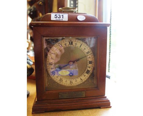 Mahogany cased mechanical bracket clock with silvered dial and Roman numeral chapter ring, commemorative plaque from ICI 1946