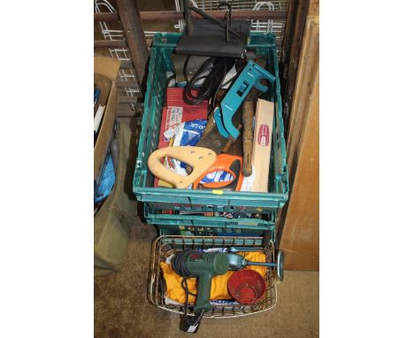 A quantity of various hand tools to include hand saws, hand brace, a Bosch heat gun, garden shears, a warn triangle, various 