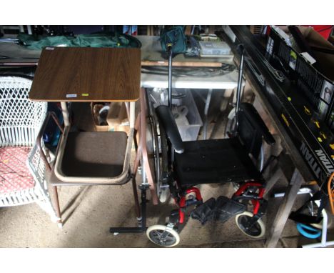 A folding self propelled wheel chair (lacking back rest), a commode chair and two side tables etc