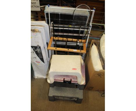 A plastic two tier step/tool carrier; a plastic step; magazine rack etc