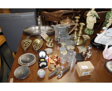 A copper kettle, pair of brass candle sticks, a pewter Art Deco style tea set, a WMF silver plated hors d'oeuvres dish, vario