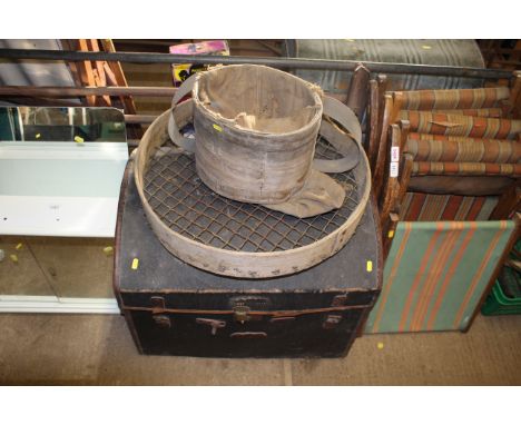 A wicker made canvas covered dome topped trunk; a large garden sieve and a fruit pickers basket