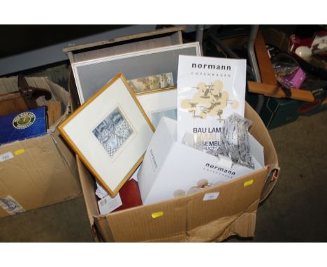 A box of miscellaneous prints, light fittings etc.