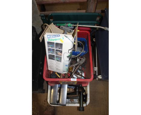 A box containing various hand tools; a metal framed chair; a Hozelock polly spray bottle with original box and an adjustable 