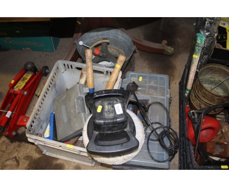 An electric power polisher and quantity of various hand tools to include shears, smoothing plane, oil can and a metal swing h