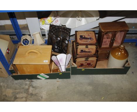 Two boxes containing stone glazed flagon, wooden bread bin, small storage boxes, jewellery display cabinet etc.