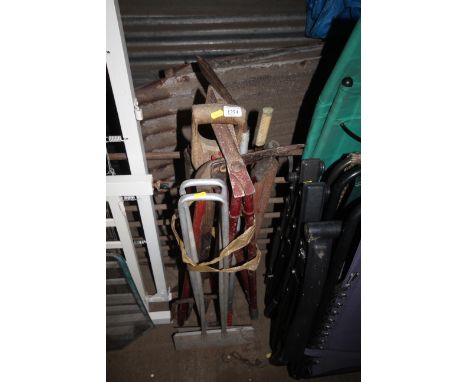 A quantity of garden tools to include edging shears; digging fork; leaf collector etc