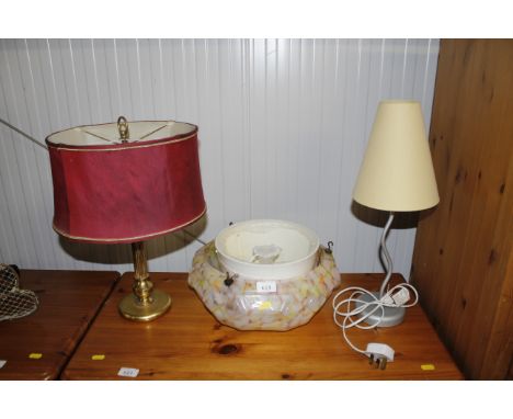 Two table lamps and a mottled ceiling lamp shade