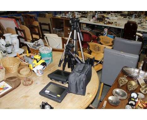 Two portable DVD players, two camera tripods, etc.