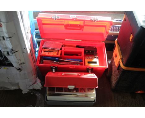 Two plastic tool boxes with contents of various tools to include drill bits, hand brace, measures etc