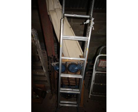 An Abru aluminium three way ladder together with a parasol; a Draper folding sack barrow; Christmas tree stand etc